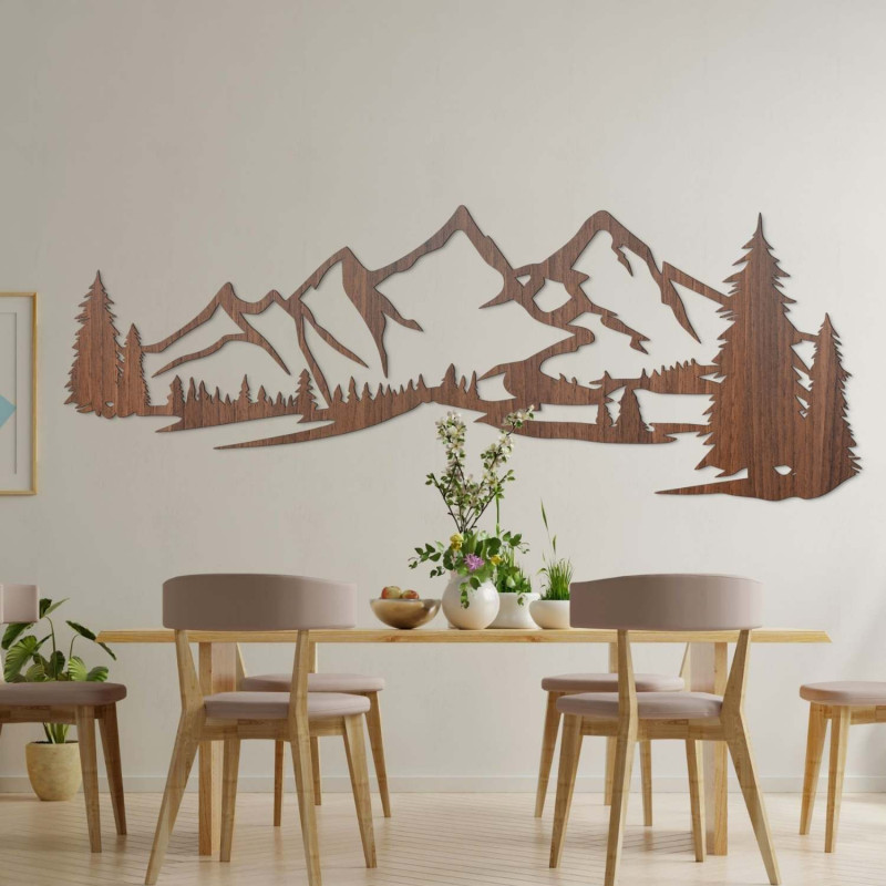 Wooden wall decoration - silhouette of mountains and trees in the forest