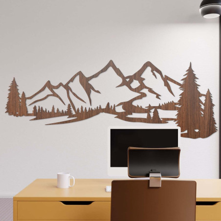 brown walnut painting, Wooden wall decoration - silhouette of mountains and trees in the forest