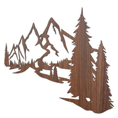 brown walnut painting, Wooden wall decoration - silhouette of mountains and trees in the forest