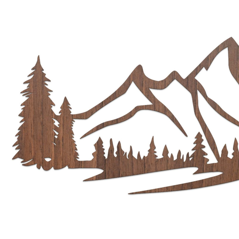 brown walnut painting, Wooden wall decoration - silhouette of mountains and trees in the forest