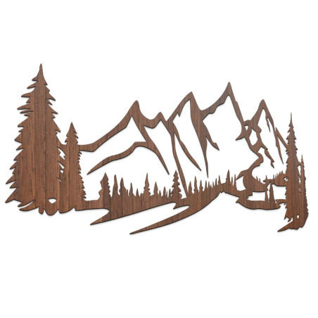 brown walnut painting, Wooden wall decoration - silhouette of mountains and trees in the forest