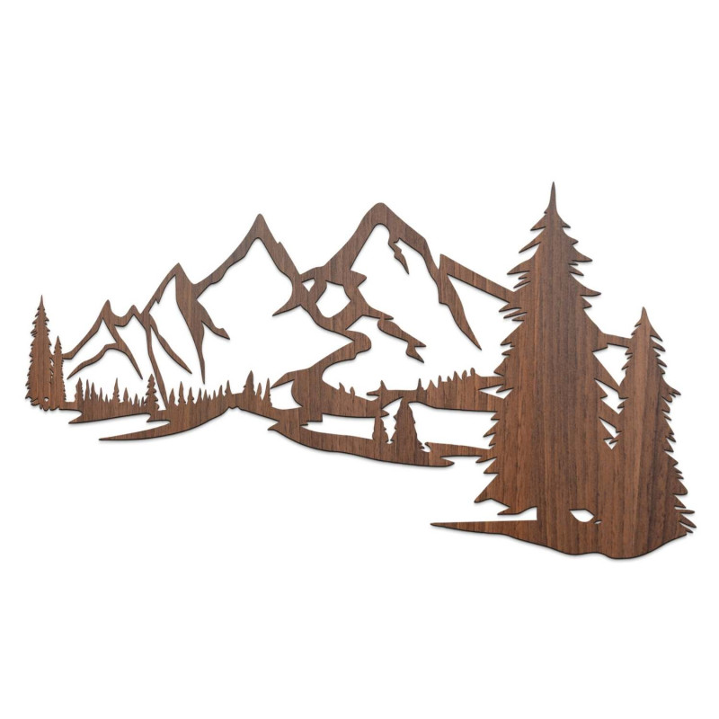 brown walnut painting, Wooden wall decoration - silhouette of mountains and trees in the forest