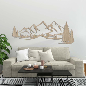 Wooden wall painting with a motif of mountains and dense forest 2