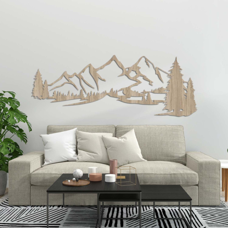 wooden decoration sonoma oak, Modern wooden painting Mountains and forest for decorating the living room
