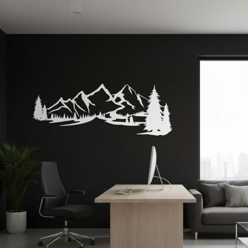 wooden decoration white, Modern wooden painting Mountains and forest for decorating the living room