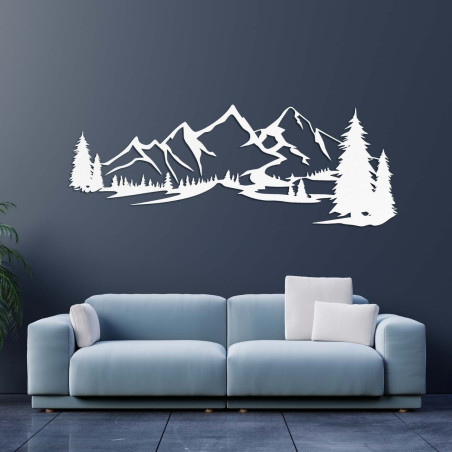wooden decoration white, Modern wooden painting Mountains and forest for decorating the living room