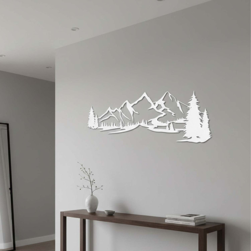 wooden decoration white, Modern wooden painting Mountains and forest for decorating the living room
