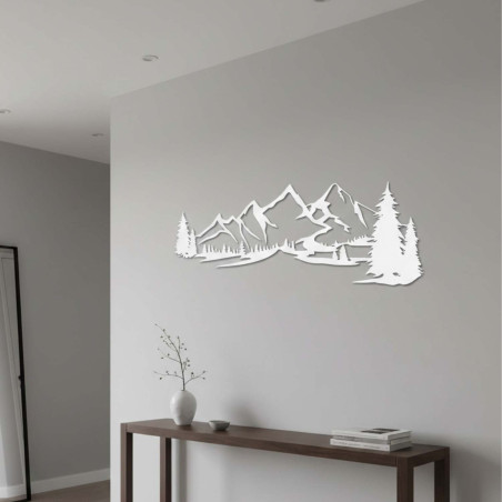 wooden decoration white, Modern wooden painting Mountains and forest for decorating the living room