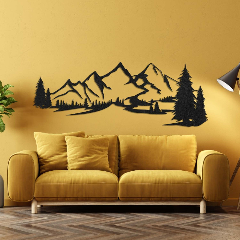 wooden decoration black, Modern wooden painting Mountains and forest for decorating the living room