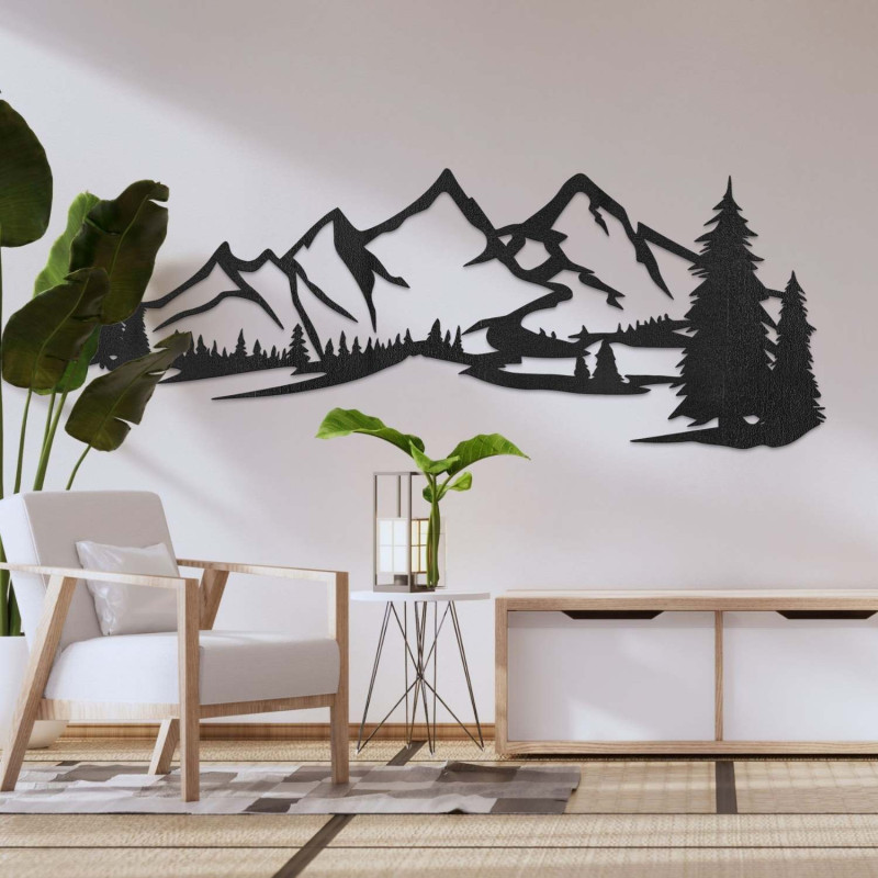 wooden decoration black, Modern wooden painting Mountains and forest for decorating the living room