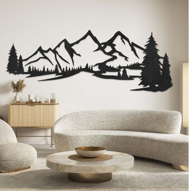 wooden decoration black, Modern wooden painting Mountains and forest for decorating the living room