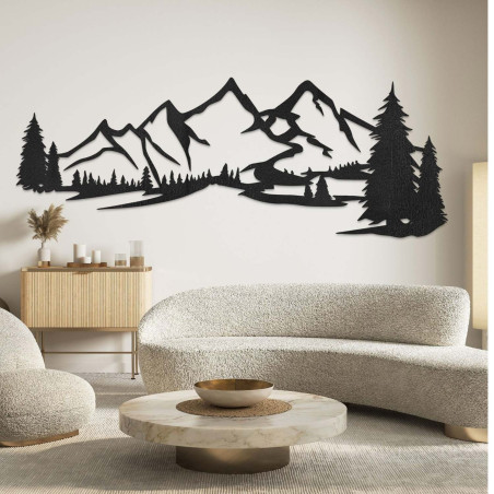 wooden decoration black, Modern wooden painting Mountains and forest for decorating the living room