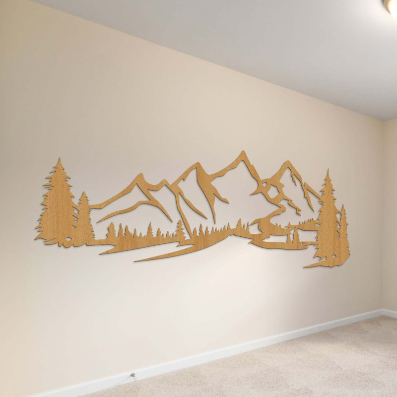 decorationA oak,Design wooden wall panel with mountain landscape and forest