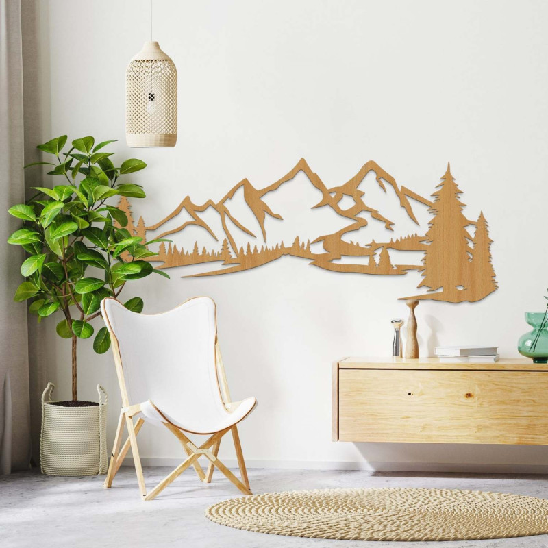 decorationA oak,Design wooden wall panel with mountain landscape and forest