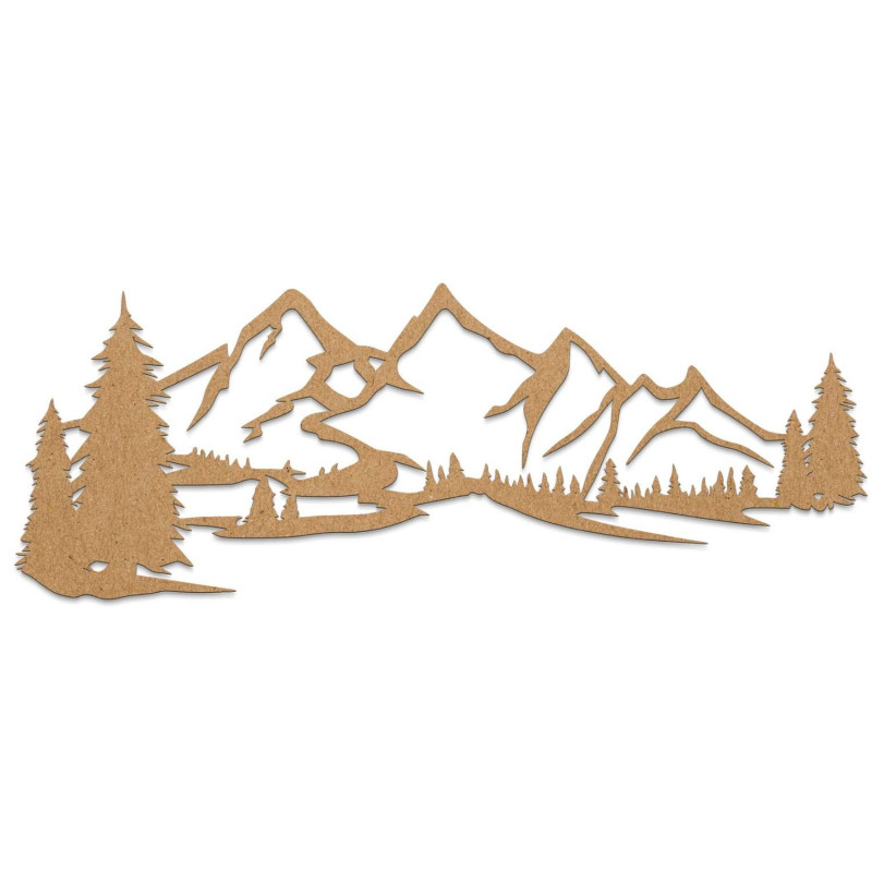 Minimalist wooden painting with a mountain range and coniferous forest