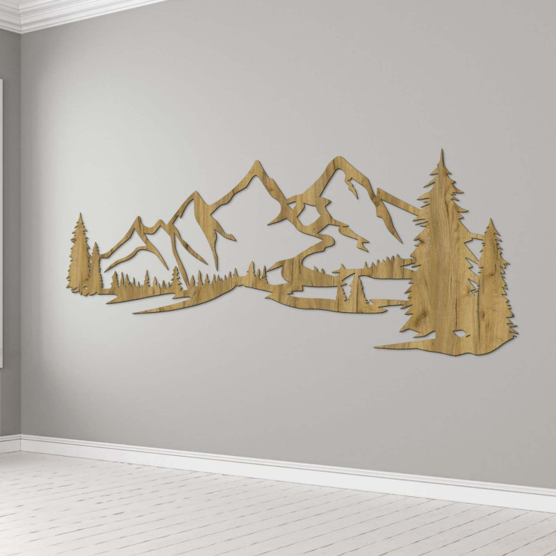 Minimalist wooden painting with a mountain range and coniferous forest