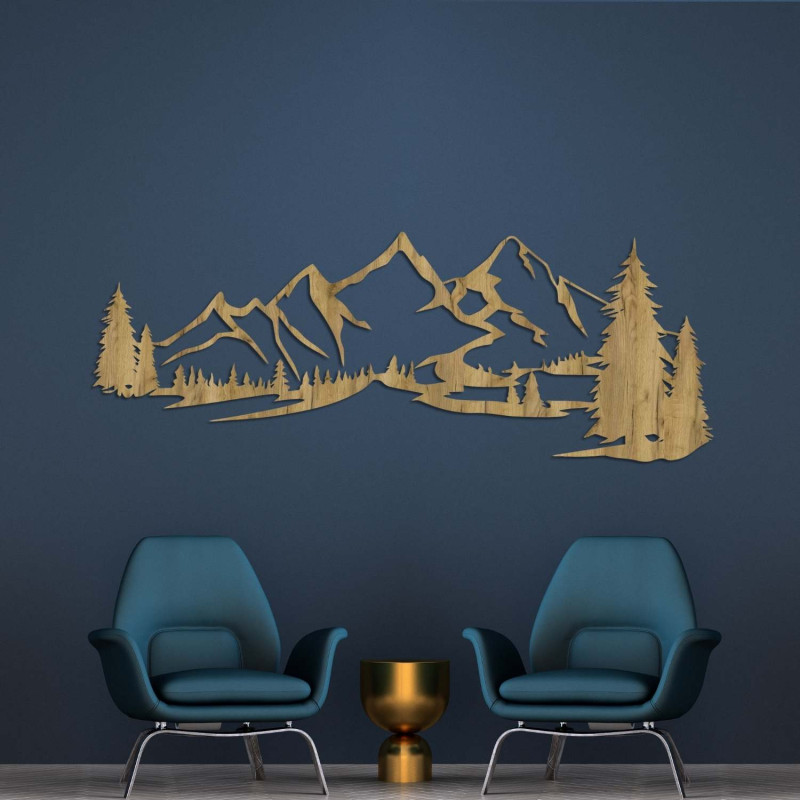 Minimalist wooden painting with a mountain range and coniferous forest