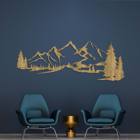 Minimalist wooden painting with a mountain range and coniferous forest