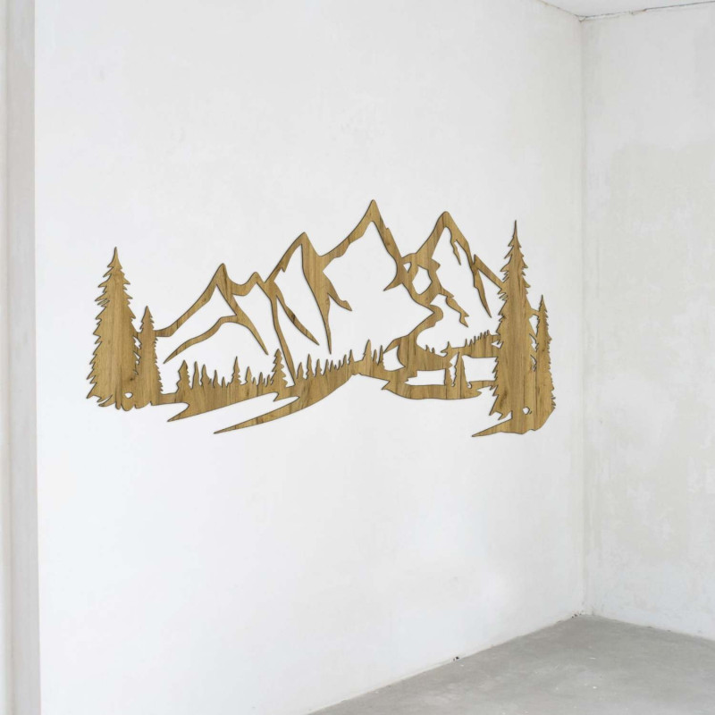 Minimalist wooden painting with a mountain range and coniferous forest