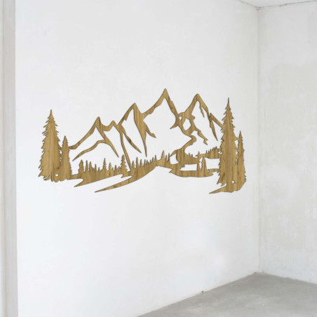 Minimalist wooden painting with a mountain range and coniferous forest