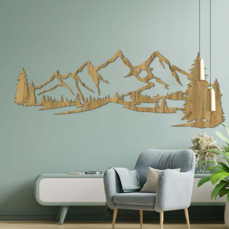 Minimalist wooden painting with a mountain range and coniferous forest