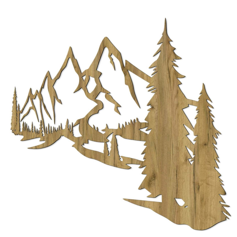 Minimalist wooden painting with a mountain range and coniferous forest