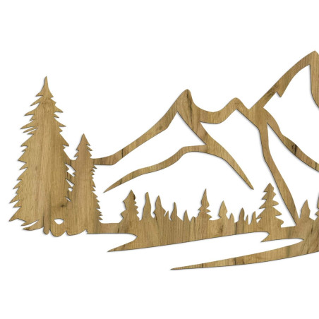 Minimalist wooden painting with a mountain range and coniferous forest