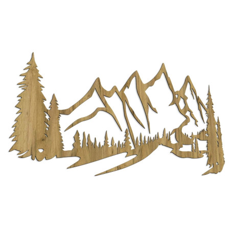 Minimalist wooden painting with a mountain range and coniferous forest