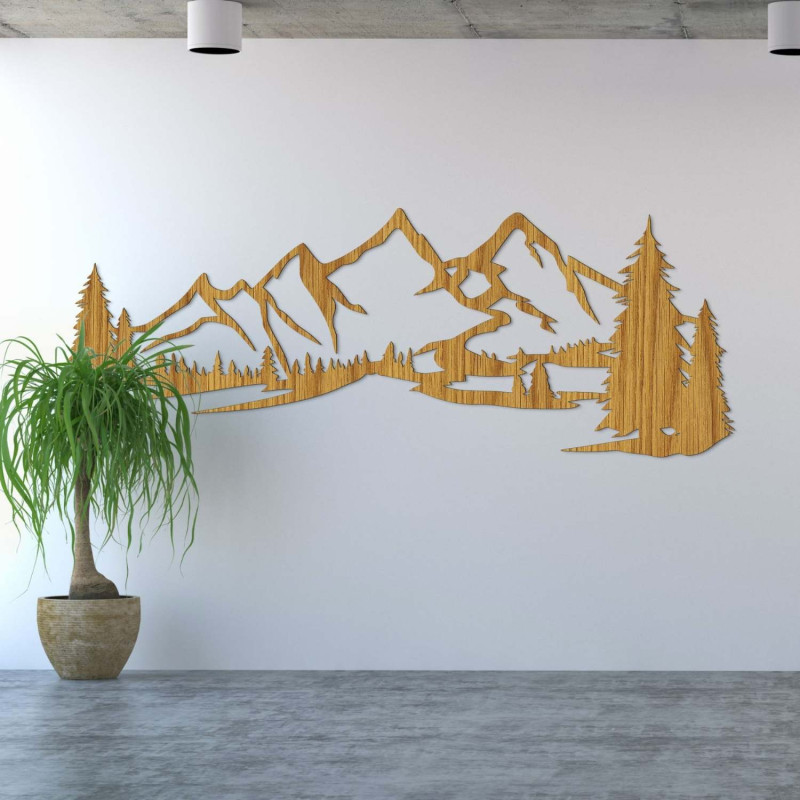 Minimalist wooden painting with a mountain range and coniferous forest