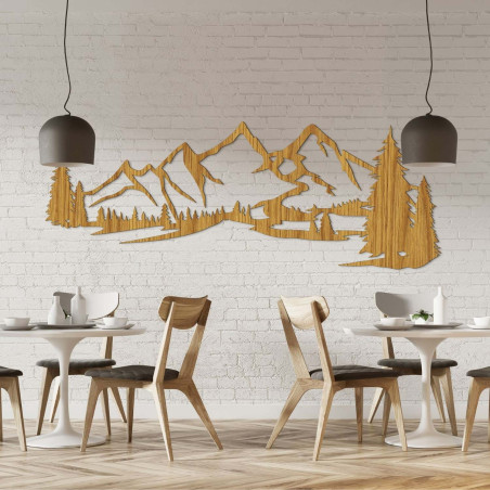 Minimalist wooden painting with a mountain range and coniferous forest
