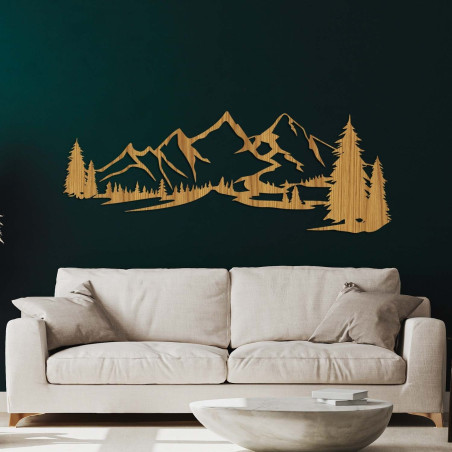 Minimalist wooden painting with a mountain range and coniferous forest