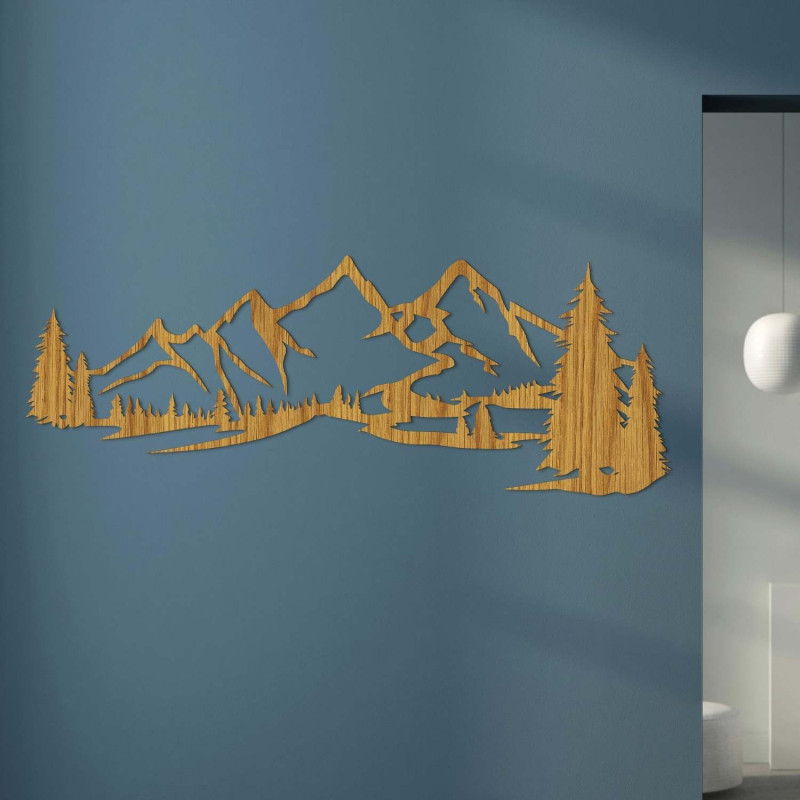 Minimalist wooden painting with a mountain range and coniferous forest