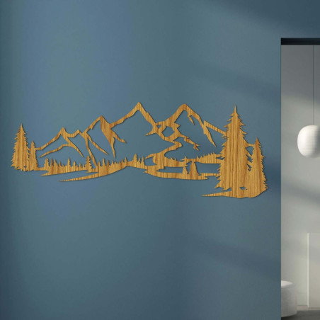 Minimalist wooden painting with a mountain range and coniferous forest