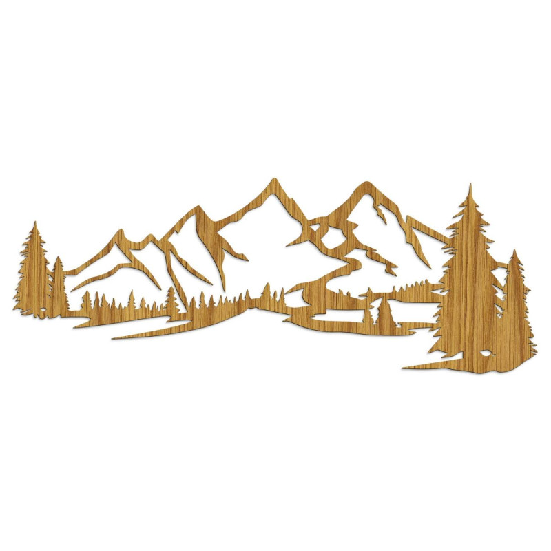 Minimalist wooden painting with a mountain range and coniferous forest