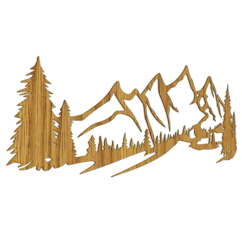 Minimalist wooden painting with a mountain range and coniferous forest