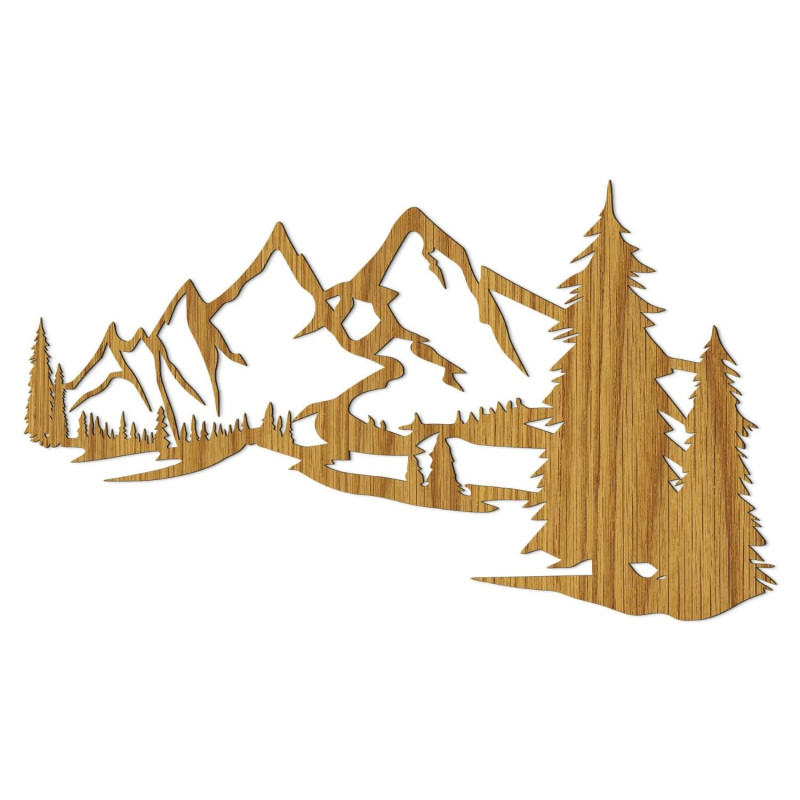 Minimalist wooden painting with a mountain range and coniferous forest