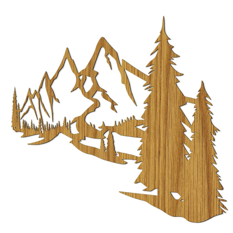 Minimalist wooden painting with a mountain range and coniferous forest