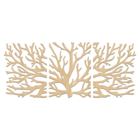 Three-part wooden painting Tree of Life in a dark design on the wall of a modern interior