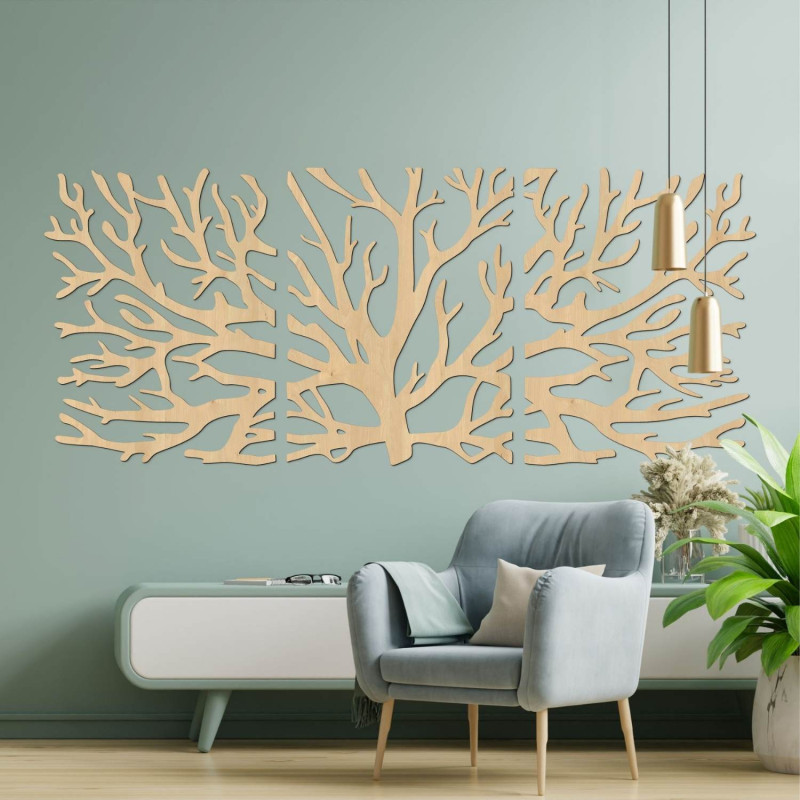 Three-part wooden painting Tree of Life in a dark design on the wall of a modern interior