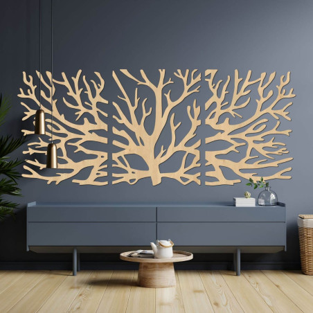 Three-part wooden painting Tree of Life in a dark design on the wall of a modern interior