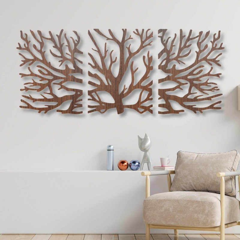 Three-part wooden painting Tree of Life in a dark design on the wall of a modern interior