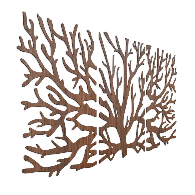 Modern three-part wooden painting with a tree and Flower of Life motif