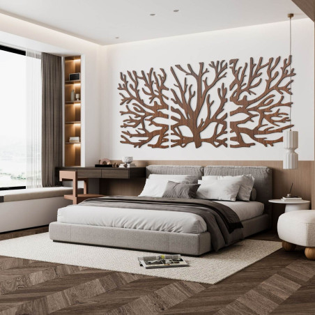 Three-part wooden painting Tree of Life in a dark design on the wall of a modern interior