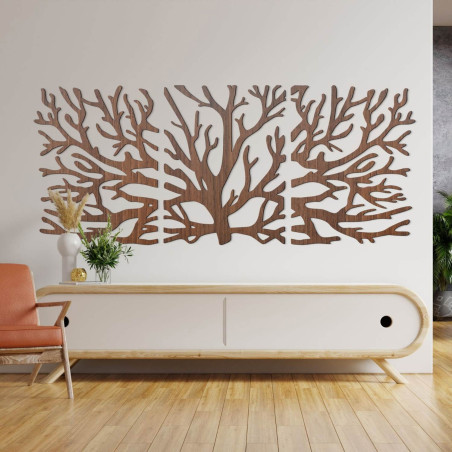 Modern three-part wooden painting with a tree and Flower of Life motif