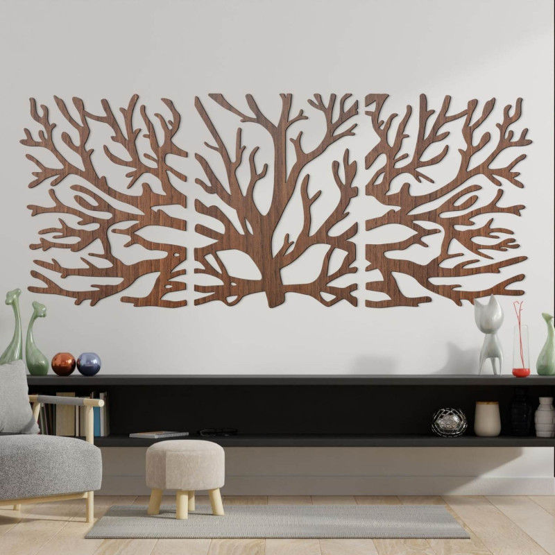 Modern three-part wooden painting with a tree and Flower of Life motif