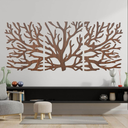 Modern three-part wooden painting with a tree and Flower of Life motif