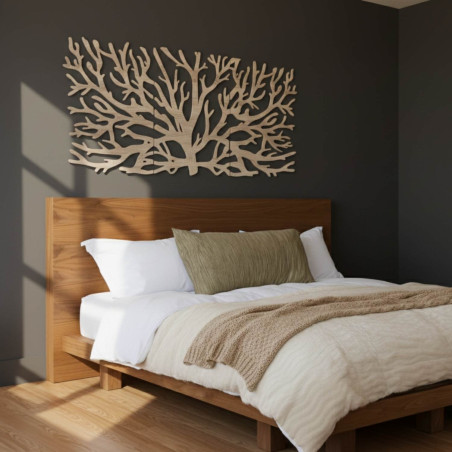 Modern three-part wooden painting with a tree and Flower of Life motif