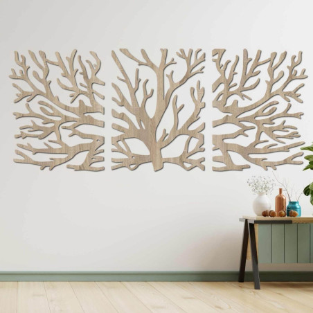 Modern three-part wooden painting with a tree and Flower of Life motif