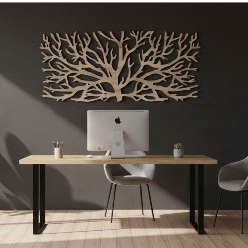 Modern three-part wooden painting with a tree and Flower of Life motif