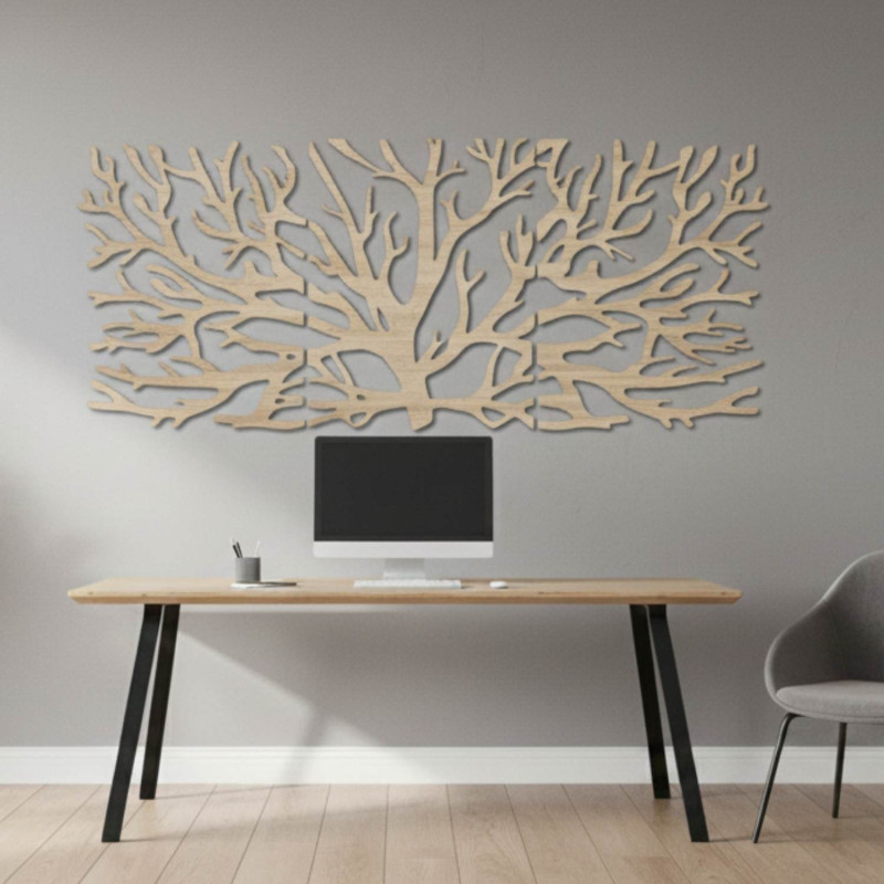 Modern three-part wooden painting with a tree and Flower of Life motif